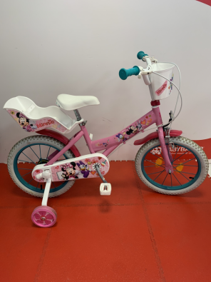 Bicicletta 16'' Disney Minnie Rosa Con Porta Bambola Cestino E Rotelle  